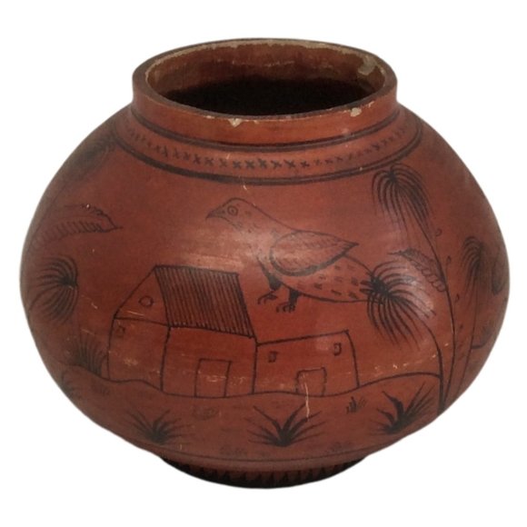 Vintage Black on Red Pottery Bowl Bird Design Chips Scratching - Picture 1 of 7